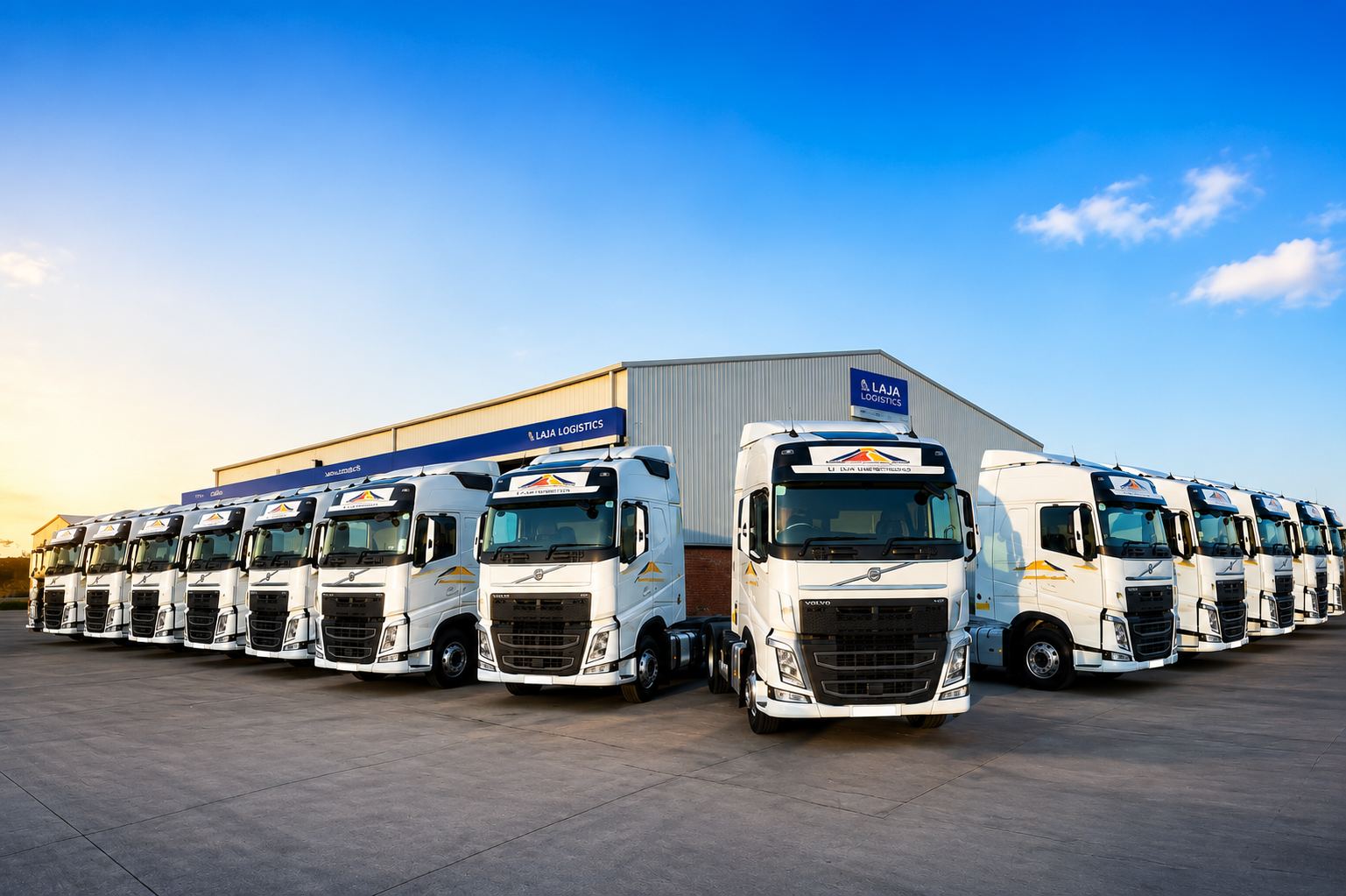 Fleet of Laja Logistics trucks lined up outside the company warehouse at sunrise