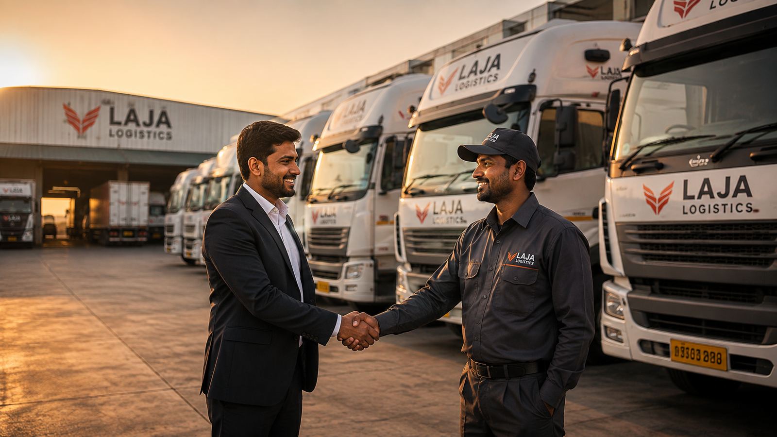 Laja Logistics manager shaking hands with a driver in front of the company fleet