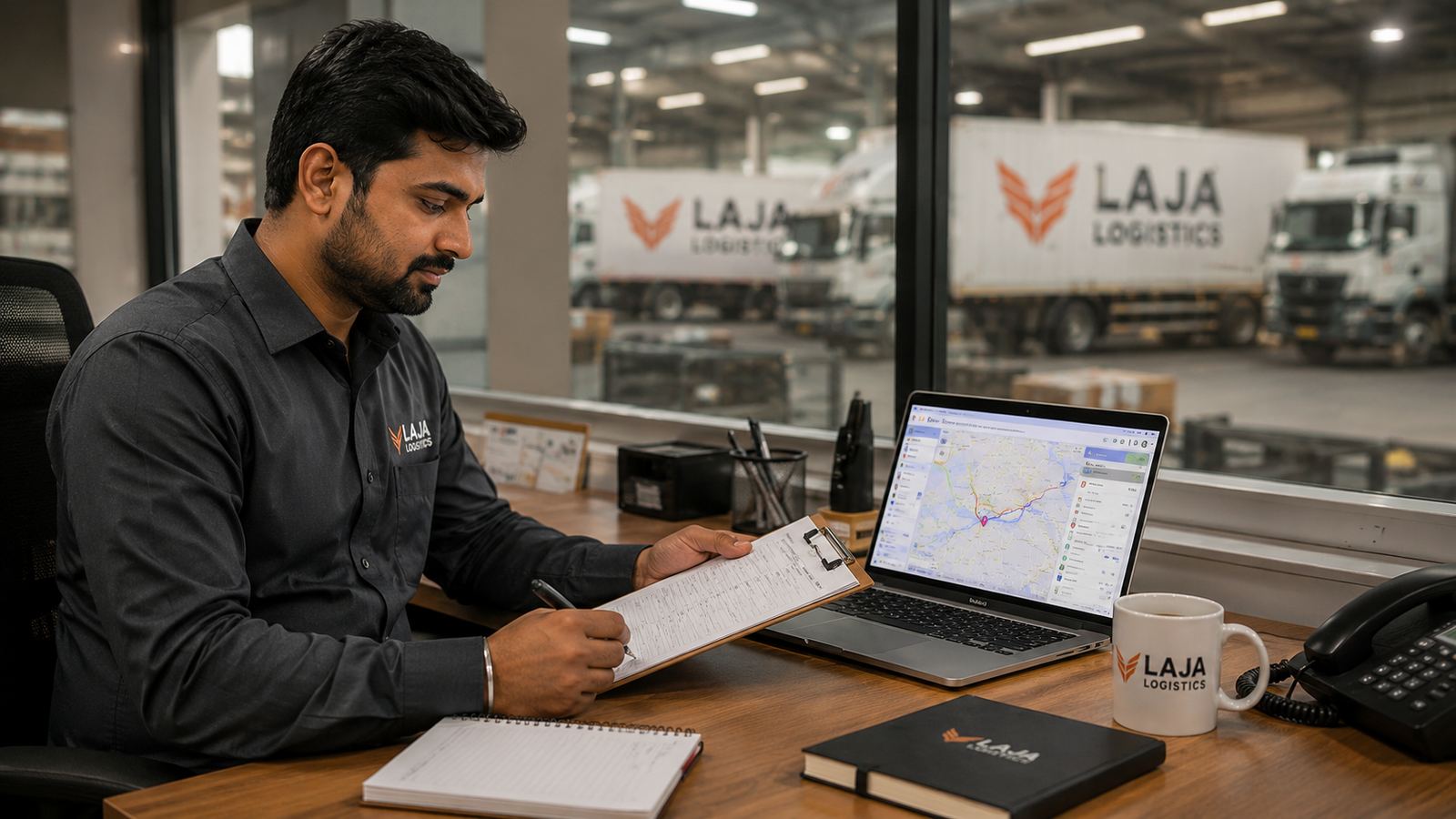 Laja Logistics dispatch coordinator planning a shipment with trucks visible through the warehouse window